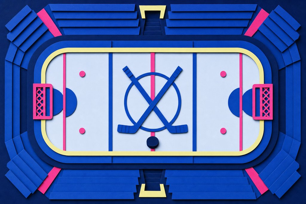 Illustration: Eishockeyfeld von oben mit Bullykreis, Puck und zwei gekreuzten Schlägern