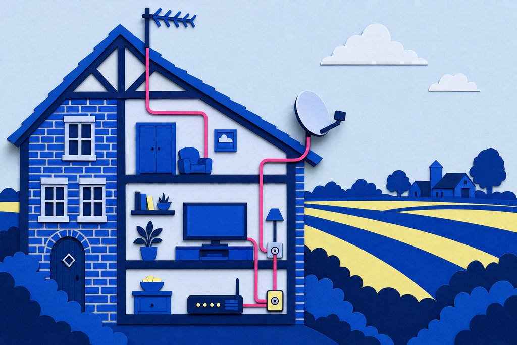 Illustration: Schnitt durch ein Backsteinhaus mit Dachantenne, Satellitenschüssel, Kabeldose und Router, alle mit einem Fernseher verbunden