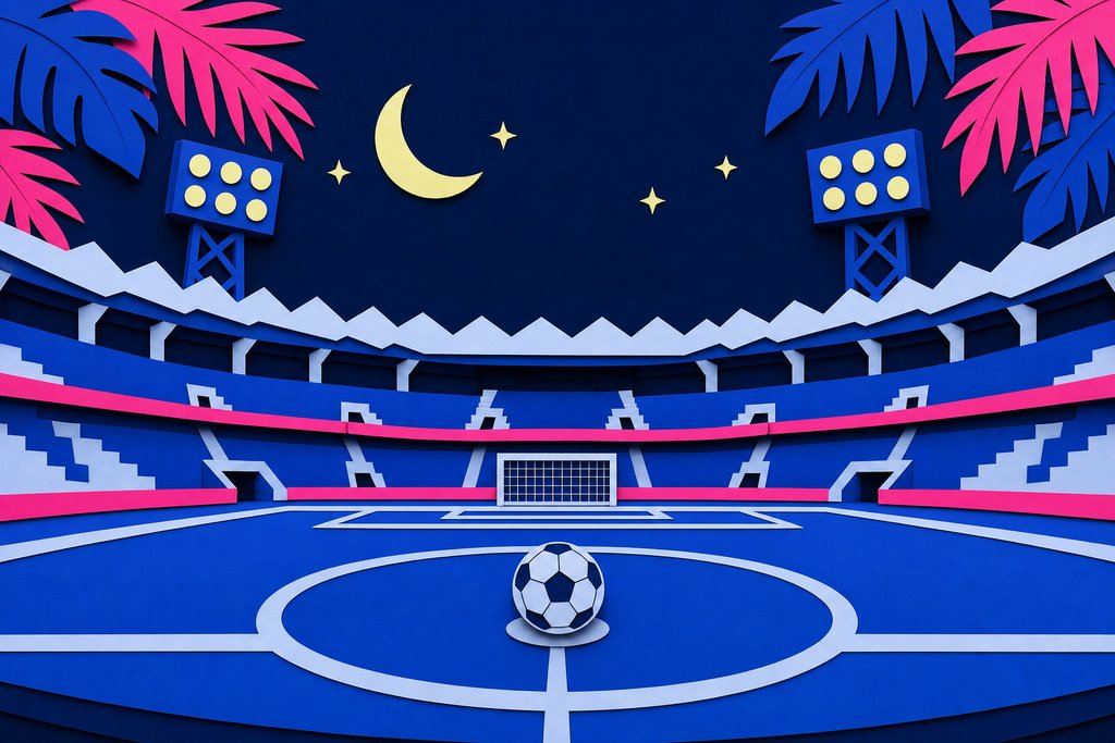 Illustration: Fußballplatz bei Nacht unter Flutlicht mit Palmenblättern und Mondsichel
