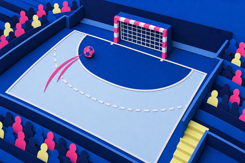 Illustration: Handballfeld von oben mit Tor, Torraum und Ball im Flug