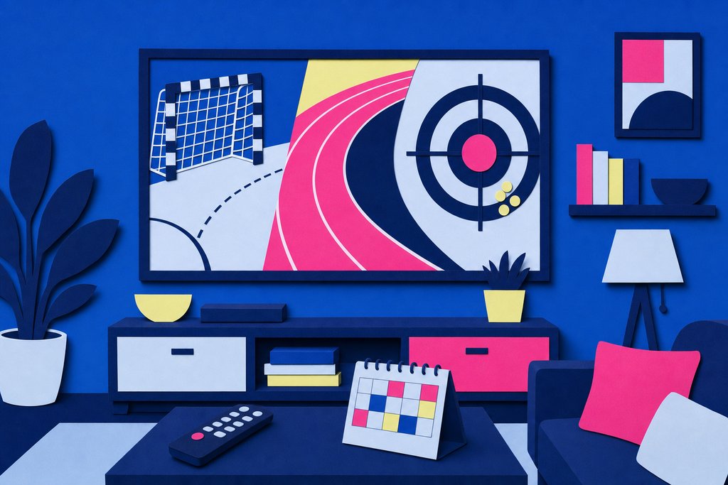 Illustration: Wohnzimmer mit Fernseher, auf dem Handballtor, Laufbahn und Zielscheibe zu sehen sind