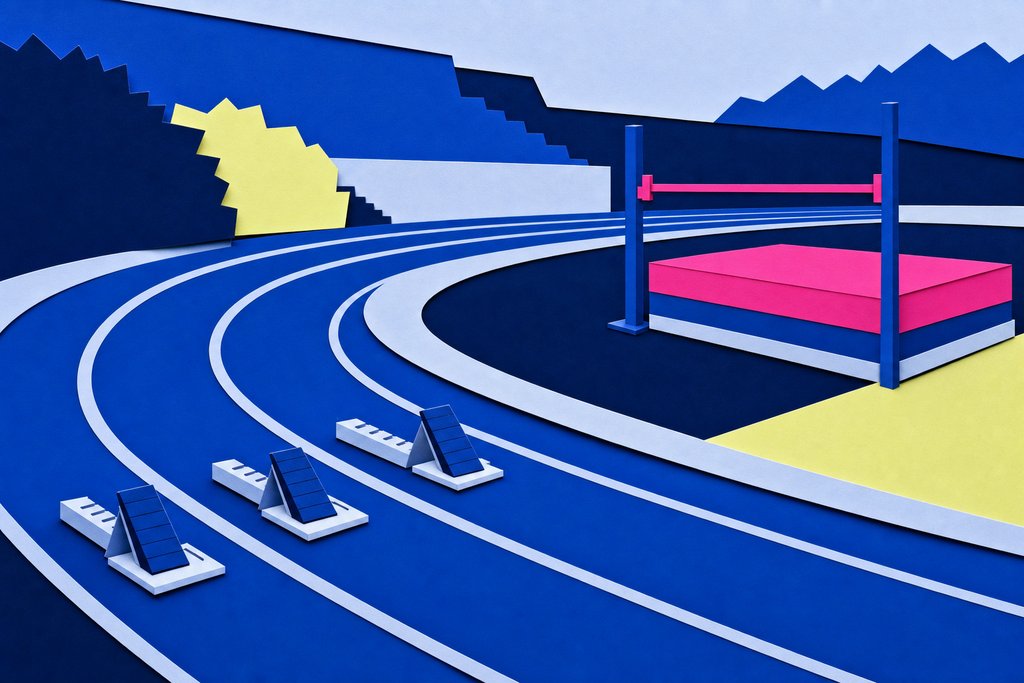 Illustration: geschwungene Laufbahn mit Startblöcken und Hochsprunganlage