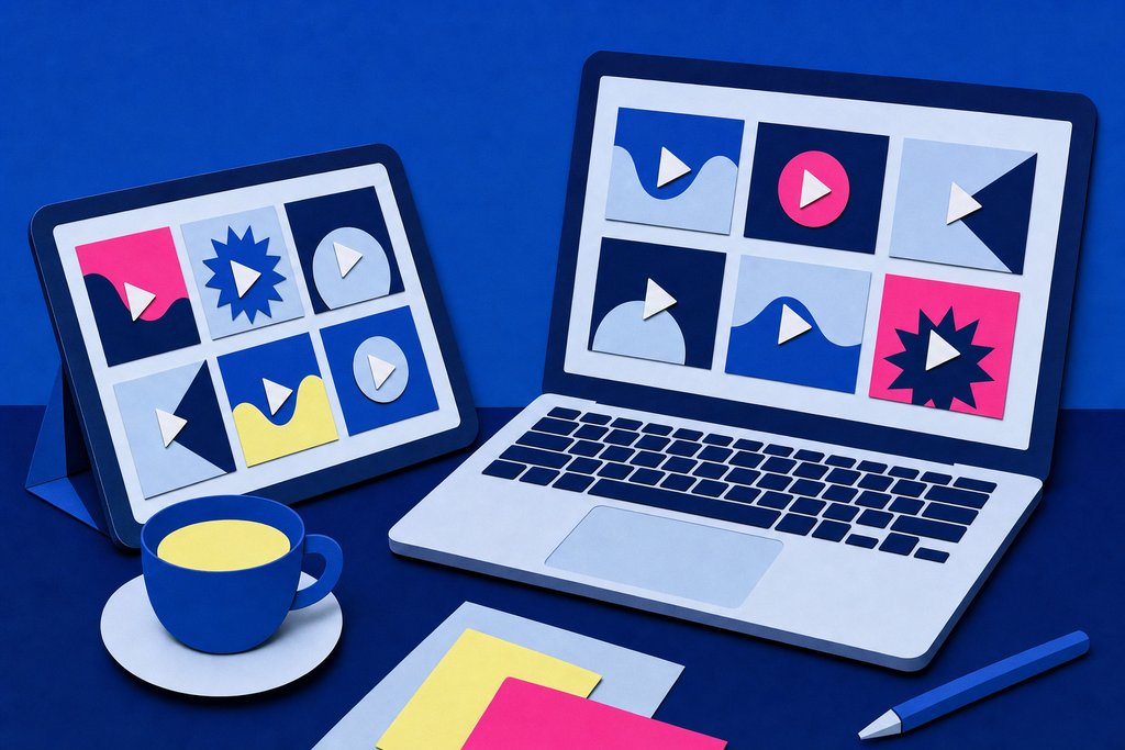 Illustration: Tablet und Laptop mit Videokacheln auf einem Tisch