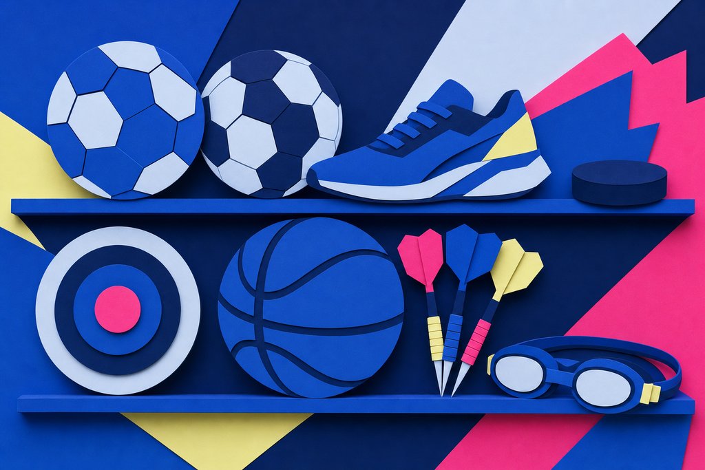 Illustration: Regal mit Sportgeräten von Handball bis Schwimmbrille