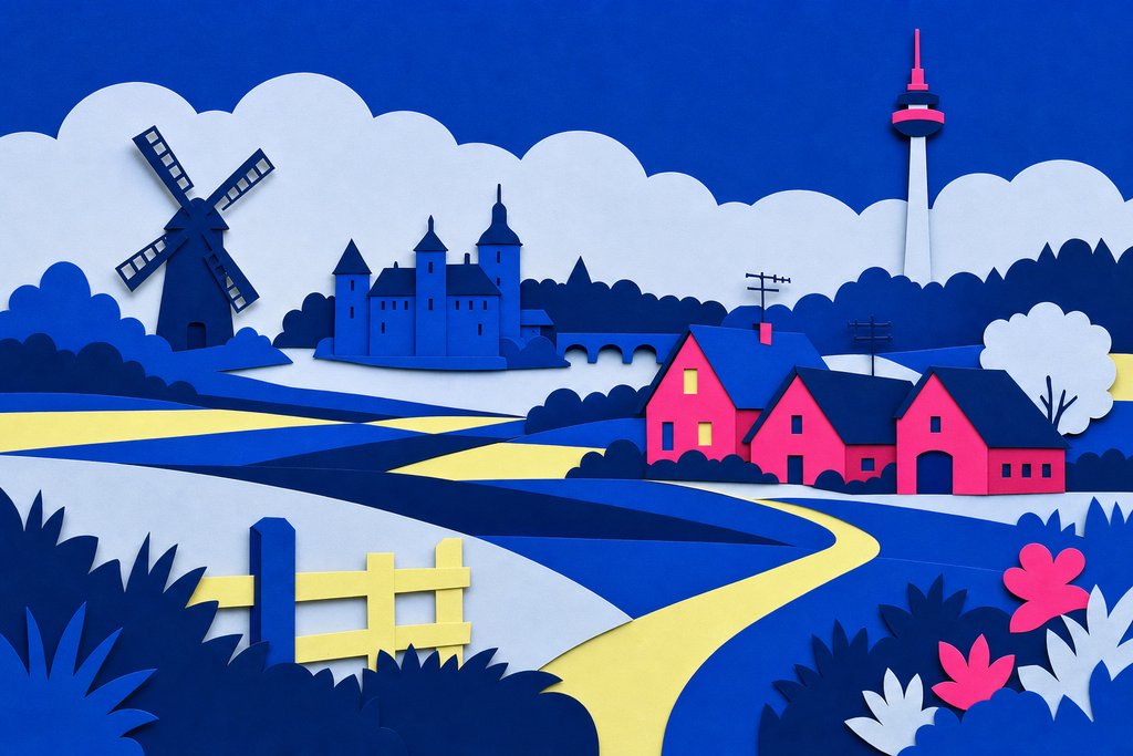 Illustration: Münsterländer Landschaft mit Feldern, Windmühle, Wasserschloss und Sendemast