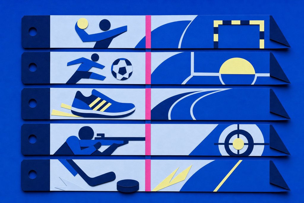 Illustration: Wandkalender aus Papierstreifen mit Sportsymbolen und einer Linie für heute
